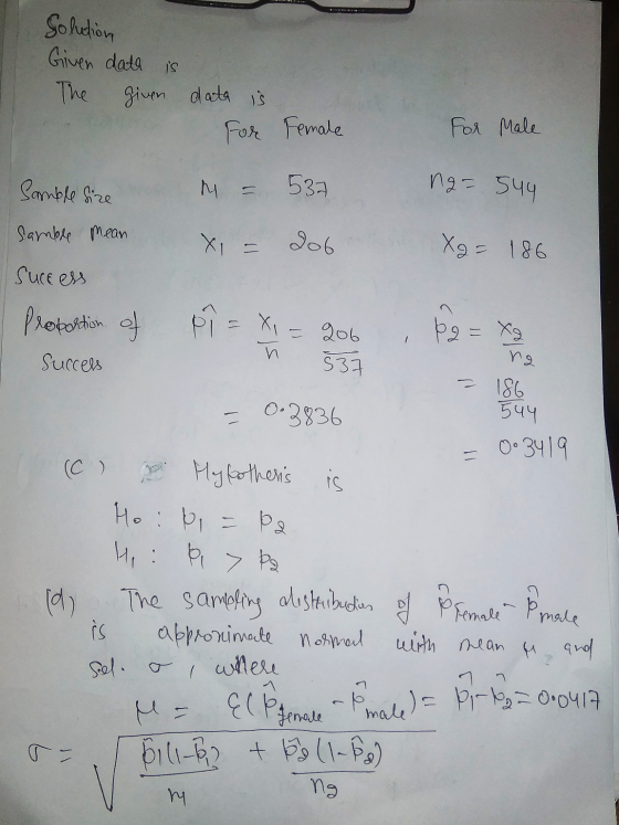 . Solutions Given dath is The given data is For Female For Male ng= 544 I х 206 89= Xa h 539 Samble Size Samble mean Xa= 186
