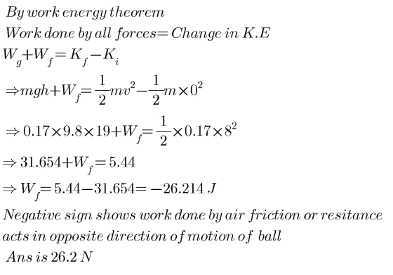 By work energy theorem Work done by all forces=Change in K.E W +W.= K g f 1-K f 1 =mgh+W, = 3 mo?-5mxo +0.17x9.8x19+W, = 5x0.