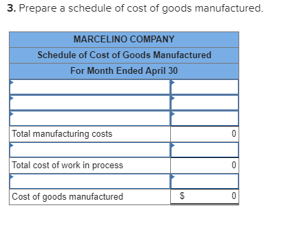 3. Prepare a schedule of cost of goods manufactured. MARCELINO COMPANY Schedule of Cost of Goods Manufactured For Month Ended