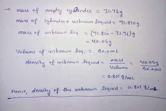 mars of empty cylinder = 31.769 mars of cylindert unknown liquid = 71.810g. mars of unknown lig. =(71.810-31176) 240.05g Volu