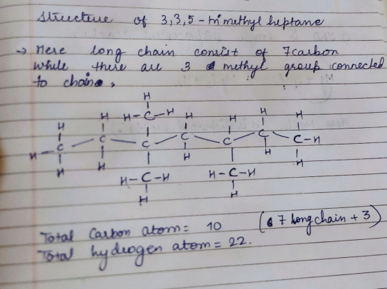 structure of 3, 3,5 - th methyl heptane . Here long chain consist of 7 carbon while there are 3 connected to chaine, H и-си и