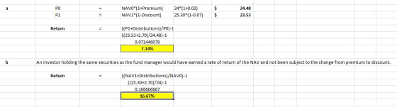 24 (1+0.02) 25.30*(1-0.07) NAVO* (1+Premium) NAV1*(1-Discount) 24.48 PO P1 23.53 ((P1+Distributions)/PO)-1 (23.53+2.70)/24.48