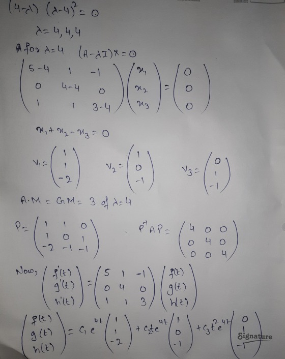 (und) (2-4 = 0 d= 4,4,4 A for d = 4 (A-dI) x = 0 15-4 - 1 o 4-4 | My 1 1 3-4 lug Mit - Uz = 0 IO AM = GM= 3 of d= 4 Palol PAP