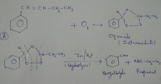 CH=CH-CH₂ - CH₂ :CH-CH₂ CH3 + 3 A Ozonide (Intermediate) CHO 19 CH-CH-CH3 In/H20 Hydrolysis) + OHC-CN - CH3 Propanal Bengalde