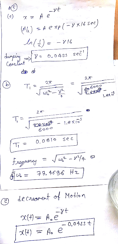 -yt A e (4) A)AexPy x/6 sec) durping Cosne lant ? = o.0433 sec 27 TI 6000 2T .exi 6000 O,0 61o Se c Engnency 77.45g6 Hz (decr
