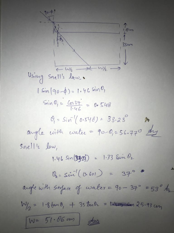 90-07 33um /ها هم t W/ Using Snells law. I sin 190-8)=1.46 sino, Sino a Cos37 0.548 1.46 9 - Sini0:548) - 33.23 angle with w