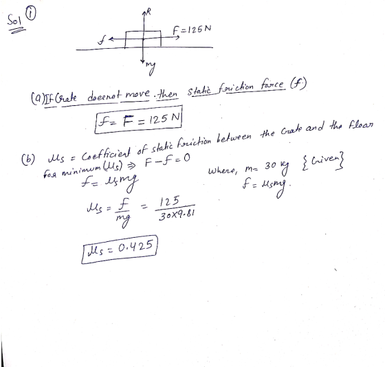 terAf=125N (2) If Crete docenot move. then static faichon force (f) If= F =125N the floor. the Create and (6) Ms = Coefficien