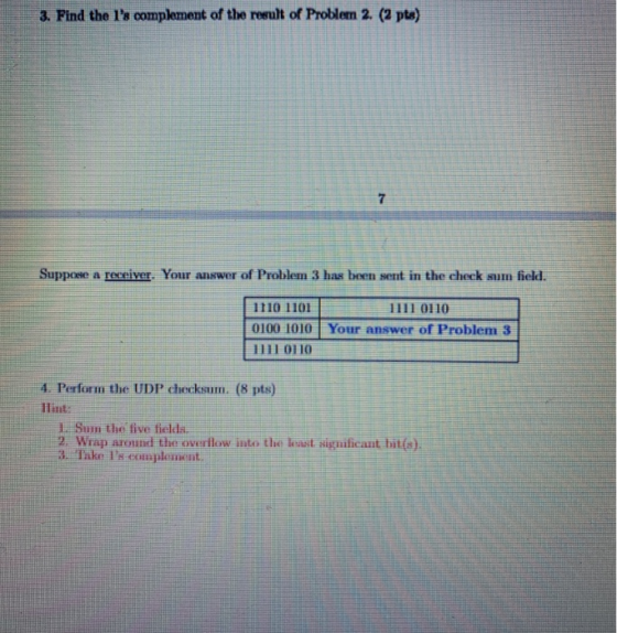3. Find the ls complement of the result of Problem 2. (2 pts) 7 Suppose a receiver. Your answer of Problem 3 has been sent i