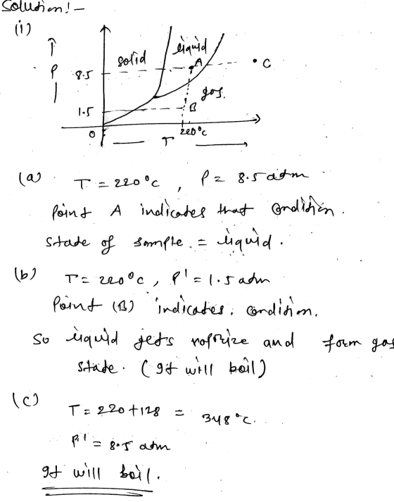 Solution! - رن eiquid) solid ? gos, B 1.5 2e0°c T . lao T = 220°c P = 8.5 atm Point A indicates that condition. stade of samp