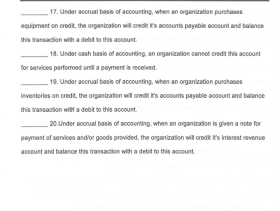 17. Under accrual basis of accounting, when an organization purchases equipment on credit, the organization will credit its