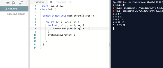 saved Main.java OpenJDK Runtime Environment (build 10.0.2 0.18.04.4) javac -classpath .:/run_dir/junit-4.12. java -classpath
