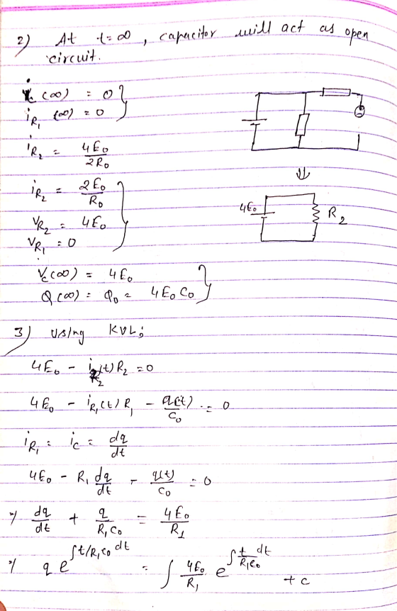 act will act capacitor as as open At to circuit te) : 2 -to , , ЧЕ у Ve, : 0 Vew) = ЧЕ, qto) : Фг. Е, со 3) using kong ЧЕ - +