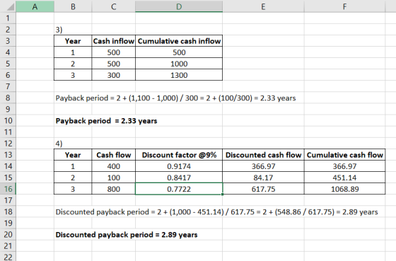 - A B 1 3) 500 Year 1 2 3 Cash inflow Cumulative cash inflow 500 500 300 1300 1000 Payback period = 2 + (1,100 - 1,000) / 300