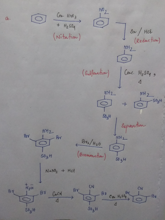 Can H3 a. H2S04 Sn/Ha (Redac tiom) (Nita tion) Cane. H,S04 (6lifading MH 2 - S gH + Specine Por Por Br/H20 (Braninctin) S03H