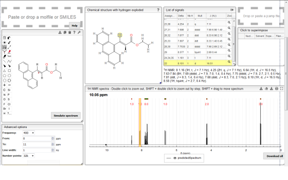 Chemical structure with hydrogen exploded List of signals Assign... Delta Paste or drop a molfile or SMILES NbH Mult J (Hz) Z