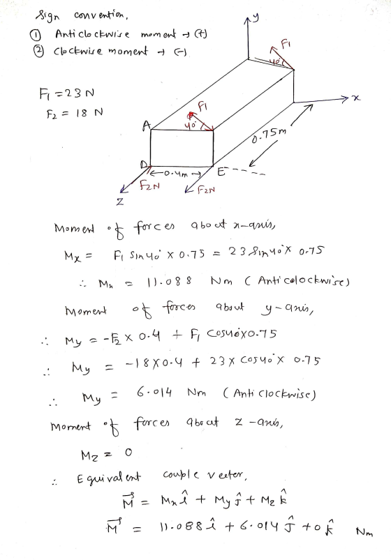 sign convention, 0 Anticlockwise moment a (t) o clockwise moment to F =23N F2 = 18 N -> 0.75 ---- Teorum » E KIAN KERN Moment