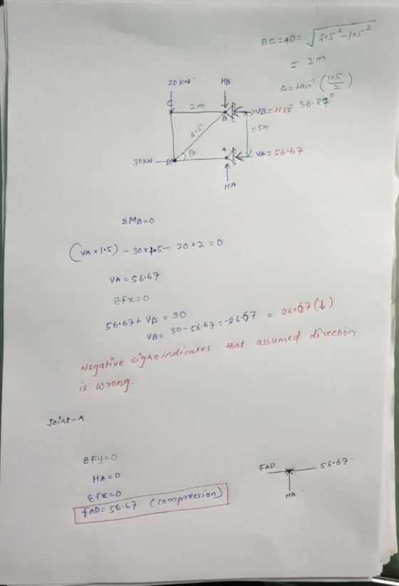 BC=AD = 205² 105² 2m 20 kn HB = taus (2 VB - 3 = 36 P3 11.5m VA= 56.67 30KN D EMB=0 (v.xls) – 30x225- 20x2=0 VA= 56.67 Efx=0