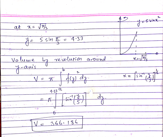 Yassing at x = Ja y = s sin = 4:33 3 Xav Volume anis y-anis by revolution around fyldy a = Sin V T a 4.33 Sin its dy . o Va