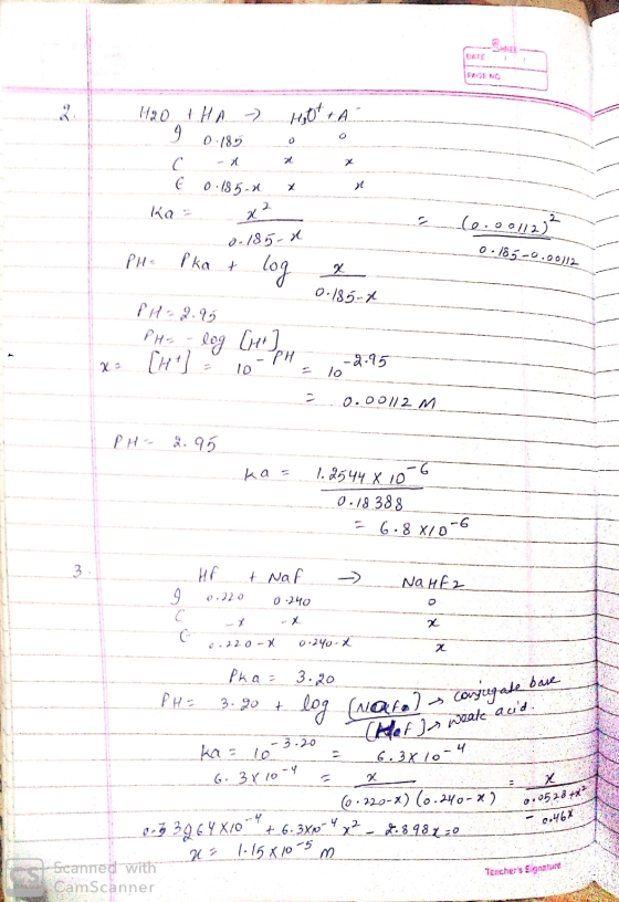 (0.001/2)² 120 tHA - Hot +A I 0:18 0 C - in x E 0.185- X- Kaz x² d. 185 d PH Pka + log x 0.185.2 PH29.95 PH = -log Cutter PH