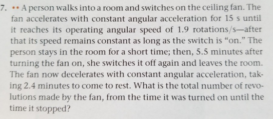 7. • A person walks into a room and switches on the ceiling fan. The fan accelerates with constant angular acceleration for 1