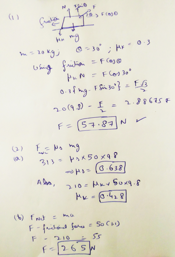 & su F Ro, Floso Cuadros (1) 0.3 ; Mr m = 20 He mg 20kg; ☺ -30° Using friction = Flosco MIN Flos 30° 0.3 my. FSoin 300} - 4 2