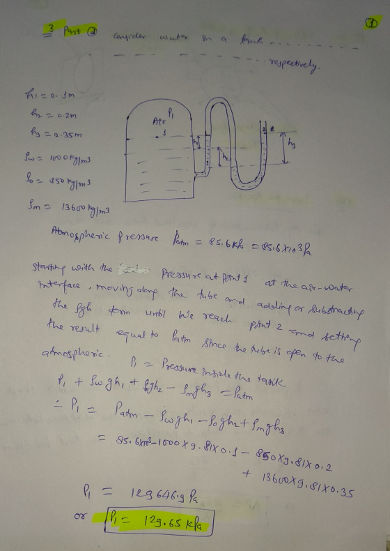 ds. 6X10²-1000 x g. 8ixo. - 850X9.81X 0.2 water PL Apr equal to latm sonce the tribe is open to the 3 Part @ Consider on a li
