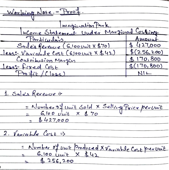 Working Nore. -Proof Imagination Park Income Statement Under Marzinoul Costing Particulars I Amount Sadles Revenue (6,100 vu