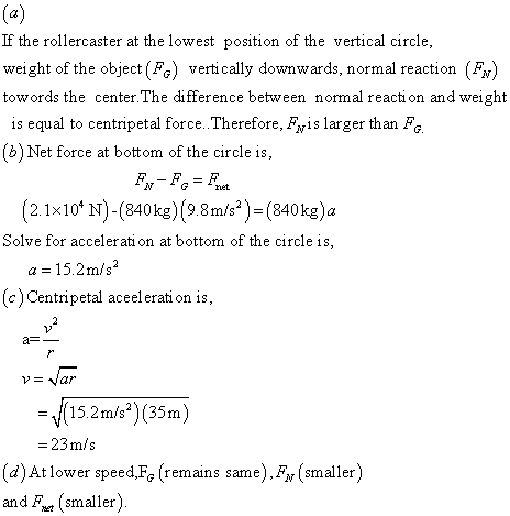 If the rollercaster at the lowest position of the vertical circle, weight of the object(%) vertically downwards, normal react