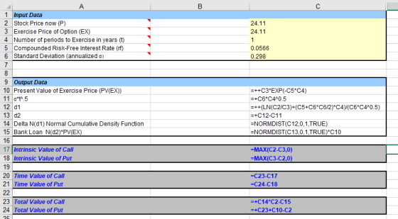 A 1 Input Data 2 Stock Price now (P) 3 Exercise Price of Option (EX) 4 Number of periods to Exercise in years (t) 24.11 24.11