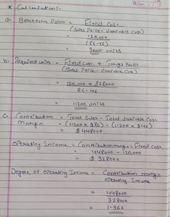 Date: 1 Calculation : Break even Point = Fixed cost (Sales Price - Variable cost) 120,000 (86-46) 3000 units bu Required unit