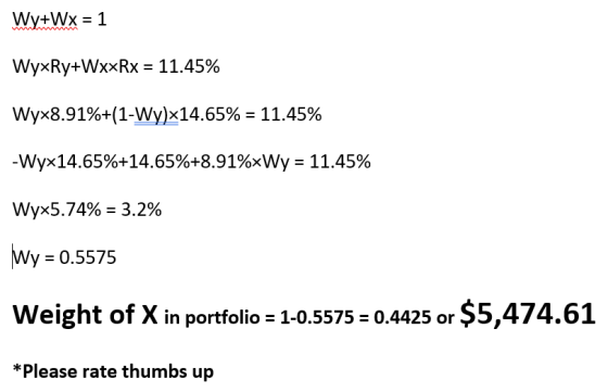 Wy+Wx = 1 WyxRy+WxxRx = 11.45% Wyx8.91%+(1-Wy)x14.65% = 11.45% -Wyx14.65%+14.65%+8.91%*Wy = 11.45% Wyx5.74% = 3.2% Wy= 0.5575