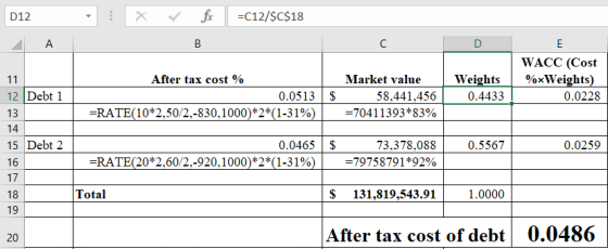 fir X =C12/$C$18 D12 A B C D E WACC (Cost Market value %xWeights) After tax cost % Weights 11 12 Debt 1 $ 0.0513 58,441,456 0