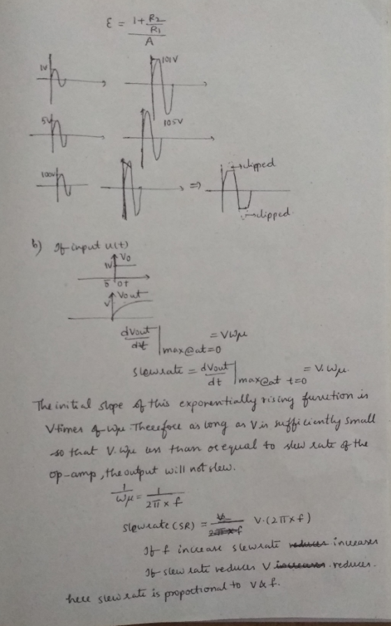E = 1+ R2 trov + 105V sclipped 100 clipped. 6 of input ult) ut Vo Dot Vout dvout- = vwu at Imax @at=0 slowrate = dvout = V.