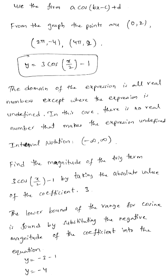 use the form a cor (bx-C) td (0,2), From the graph the points are (271,-4), (411,2). y = 3 cos (2) - 1 The domain of the expr
