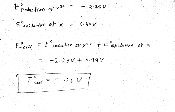Eredundian ok y 27 - 2:25 V E oxidation of x = 0.997 E ceu = E preduation of meat + E oxidation of * = -2.251 +0.9911