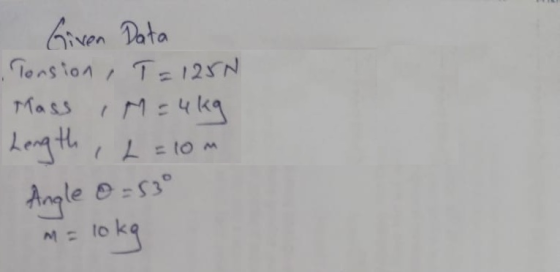 Given Data Tonsion, T=1250 Mass M = 4kg Length, IL = OM Angle o = 53° M lokg