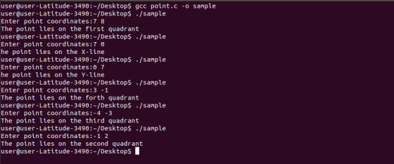 user@user-Latitude - 3490:-/Desktops gcc point.c -o sample user user -Latitude - 3490:-/Desktop$ ./sample Enter point coordin