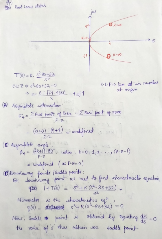 (0) Root Locus sketch 3k OK=oo K=0 K=0 T() = K. 5²85 +32 SP CLOZ = 9285 +32=0 → 5= 8164-4(32) – 4+ C.L.P two at in number at