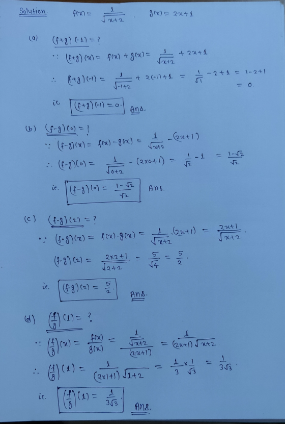 Juta +20+1 Jut2 = 1-2+1 1+2 = 0. Solution. fr) = g(x)= 23+ 4 (9) (f+g) (-1) = ? (f+8) (1) = f(x) + gru) = 1 + 2+1 : 8+9 16-)