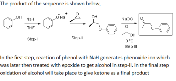 The product of the sequence is shown below, OH NYOH Nahona Naoci 070* 2 horno THE Step-1 Step-11 он 0°C Step-111 In the first