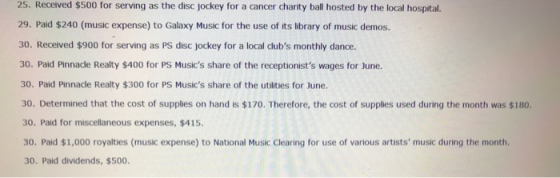 25. Received $500 for serving as the disc jockey for a cancer charity ball hosted by the local hospital. 29. Paid $240 (music