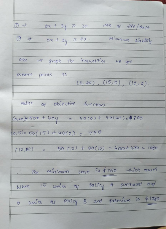 0 7 2n + 34 7 30 min. of tite/theft 3x + 2y 7,40. minumum liability onxe we graph the inequalities we get extreme points as (