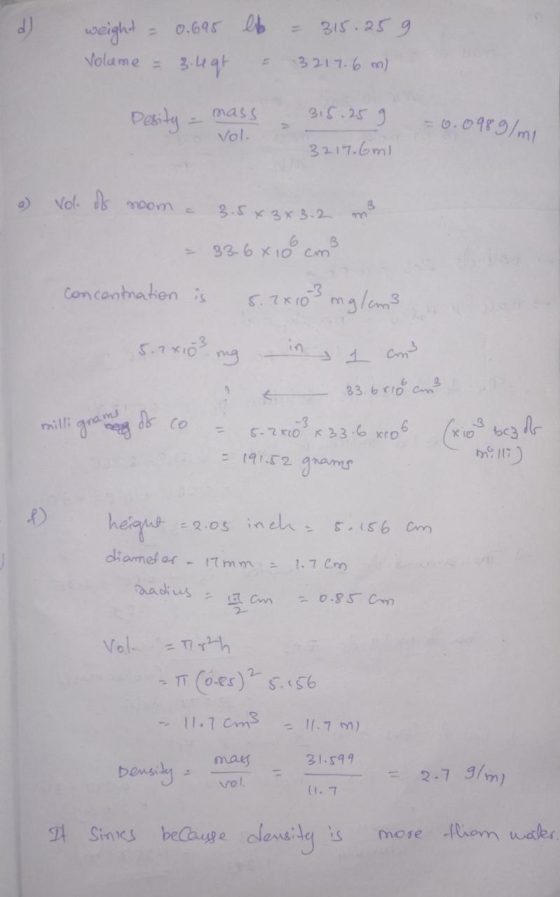 weight - 0.695 Volume = 3.49 lb = 315.259 = 3217.6 m) Pesity - mass mass Vol. - 315.25 9 3217.6ml = 0.0989/mi 2 rol of room -