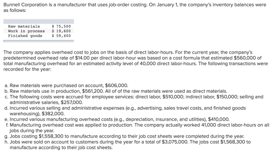 Bunnell Corporation is a manufacturer that uses job-order costing. On January 1, the companys inventory balances were as fol
