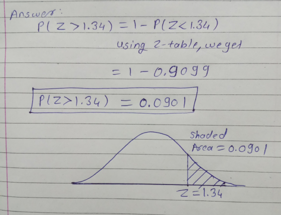 Answer: Plz>1.34)=1-P(2<1.34) using 2-table, we get = 1 0.gogg PIZ>1,36) = 0.09017 shaded Area = o.ogol z=1.34