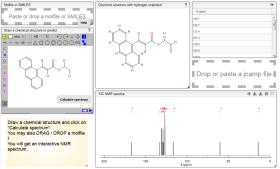 Molfile or SMILES Chemical structure with hydrogen exploded 6 (ppm) Paste or drop a molfile or SMILES Help 126.7 н 126.7 HHH