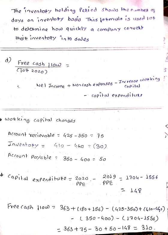Free cash low - Clor 2020) Increase working Capital : og The inventory holding Petiod shows the number days on inventory bosi