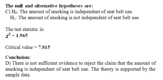 The null and alternative hypotheses are: C) Ho: The amount of smoking is independent of seat belt use. H1: The amount of smok