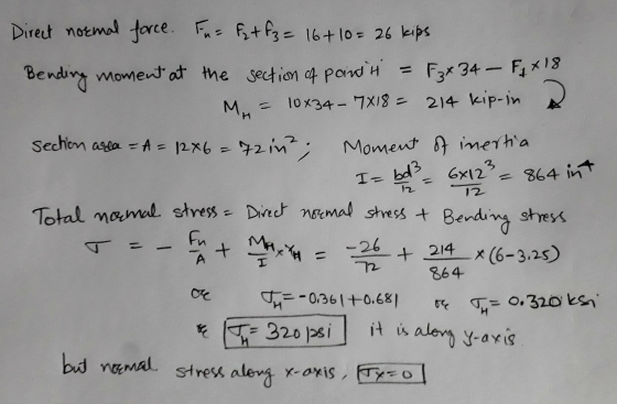 Direct normal force. Fue fut fz = 16+10= 26 kips Bending moment at the section of pointti F3 x 34 - F +18 M = 10x34 - 17X18 =