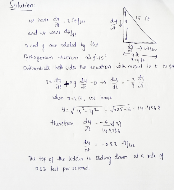 is ft dy Lly an 3ft/sec 1=4ft Solution we have da 3 ft/sec and we want duldt 7 and y are related by the da Pythagorean theore